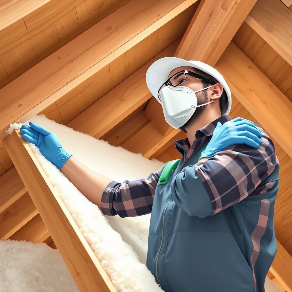 A realistic illustration showing a construction worker installing Smartwool insulation in