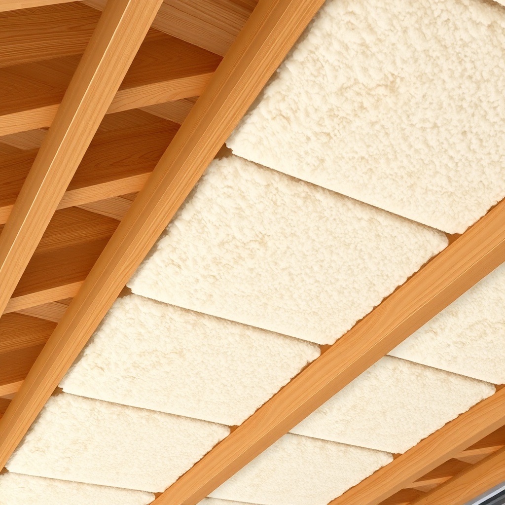 A clean photorealistic photo of a wooden deck ceiling with Knauf Smartwool mineral wool pa