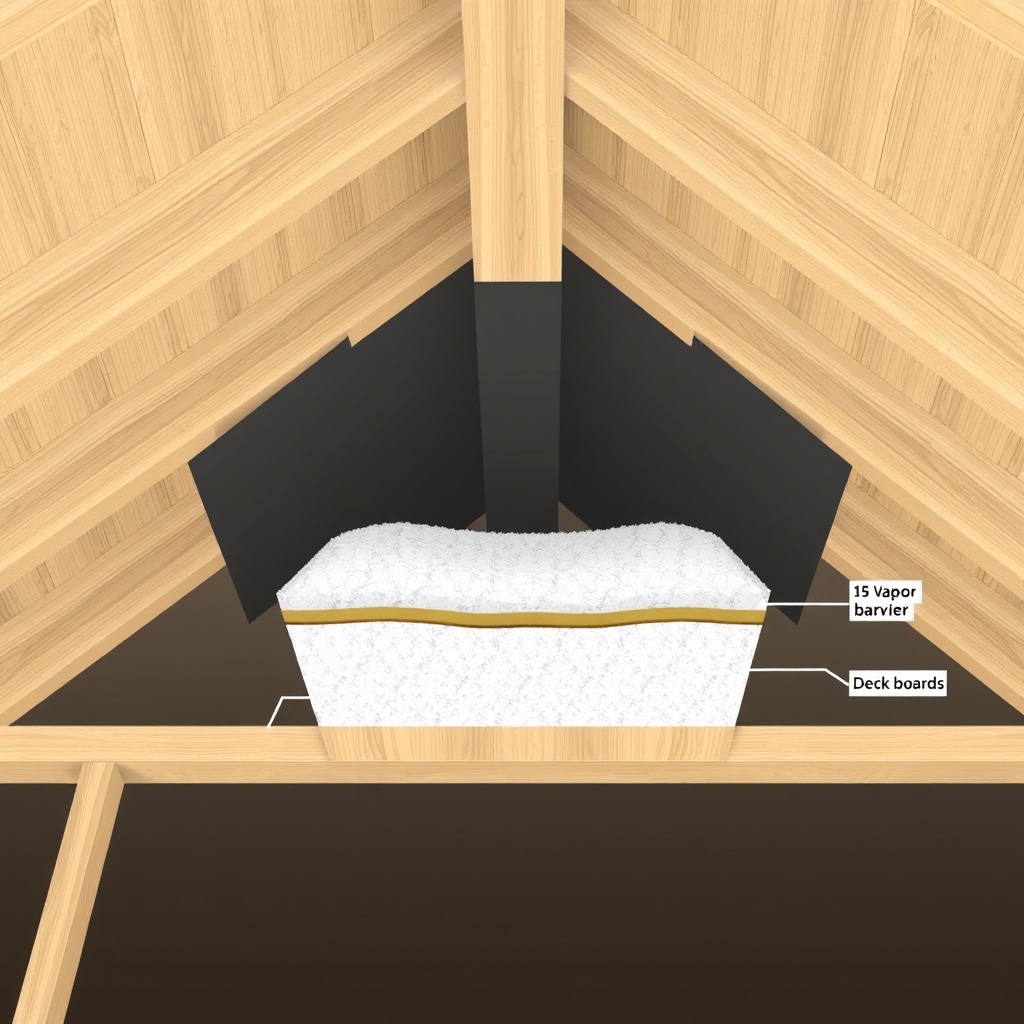 A simple illustration showing a cross-section of a wooden beam ceiling with Knauf Smartwoo