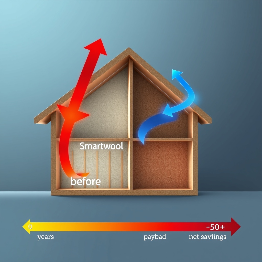 A photorealistic infographic showing a house cross-section with red hot arrows escaping th