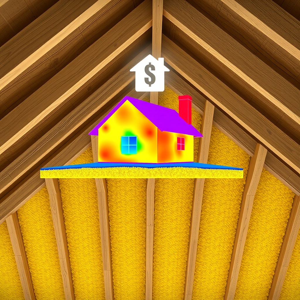 A photorealistic cross-section of a wooden roof structure with thick yellow Knauf Smartwoo