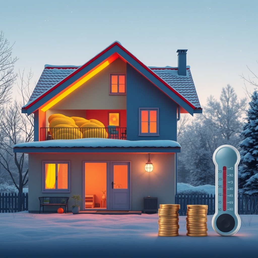 A photorealistic illustration of a German family home in winter