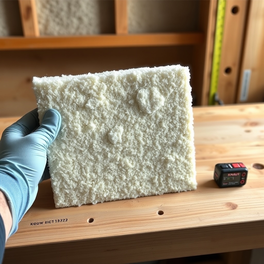 A clean photorealistic photo of a Knauf Insulation Smartwool panel held by a gloved hand