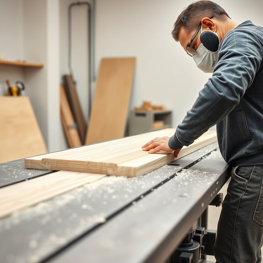 A clean photorealistic photo of a craftsman cutting a Knauf Smartwool panel with a sharp c