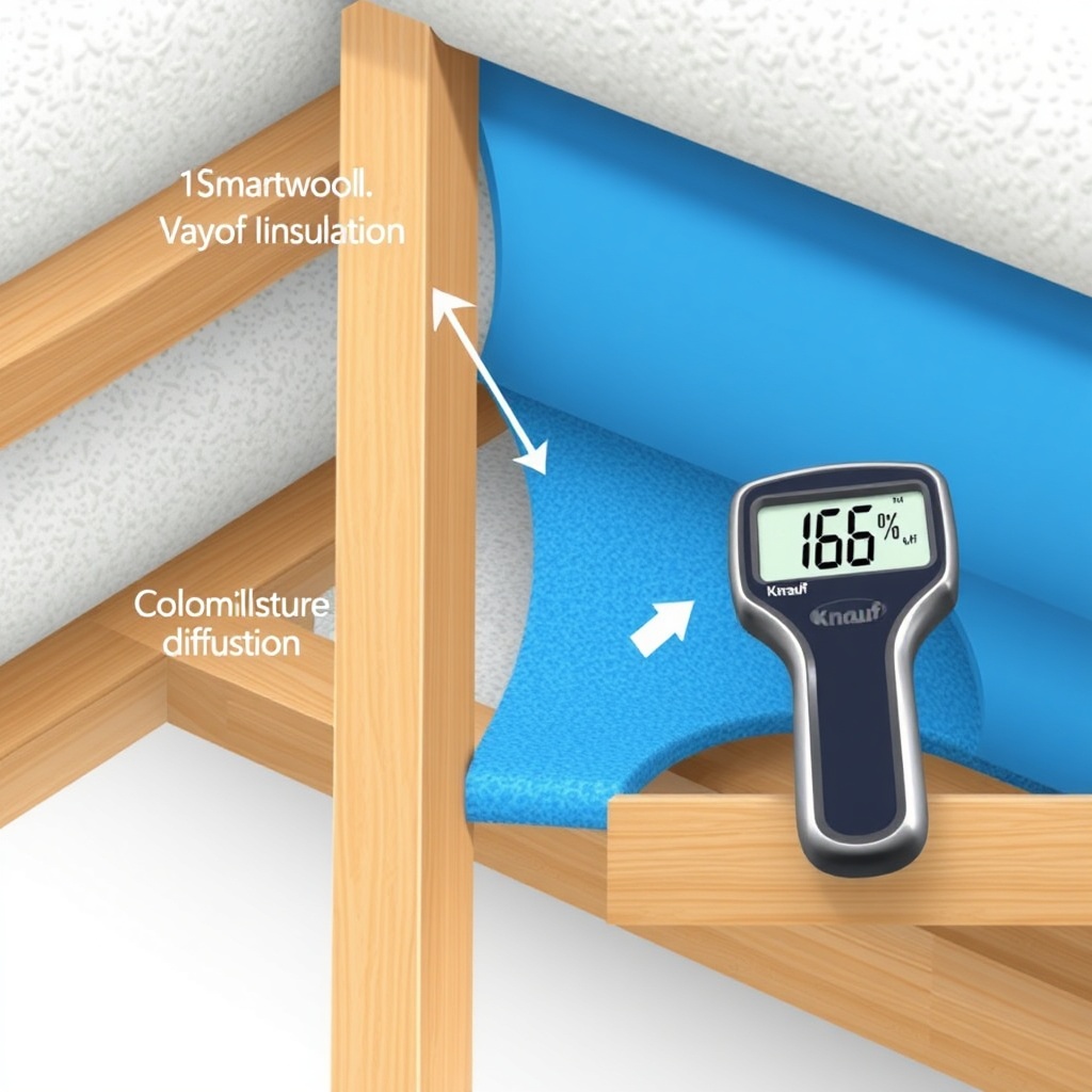 A clean photorealistic illustration showing a cross-section of a roof assembly with Knauf