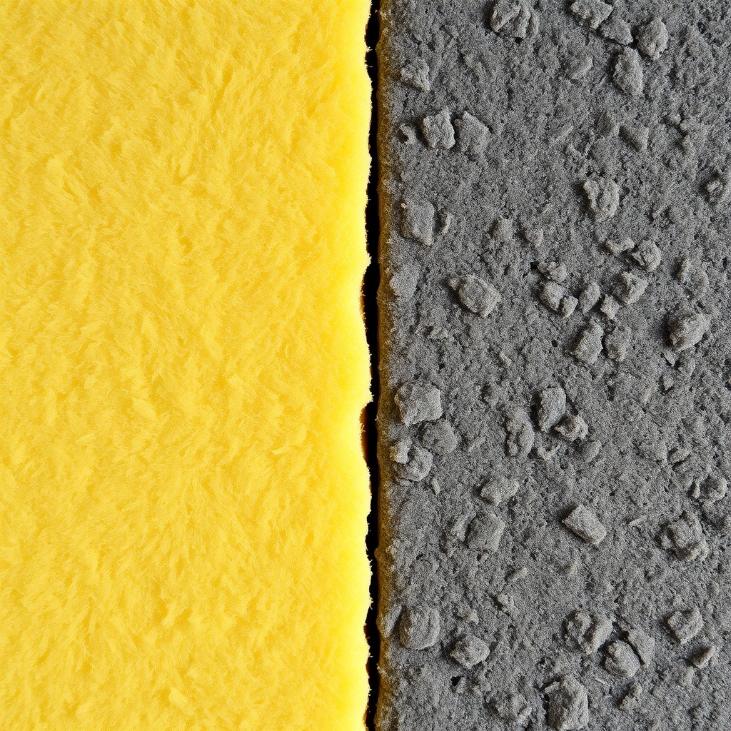 Close-up side-by-side comparison of two insulation panels: bright yellow Knauf Smartwool w
