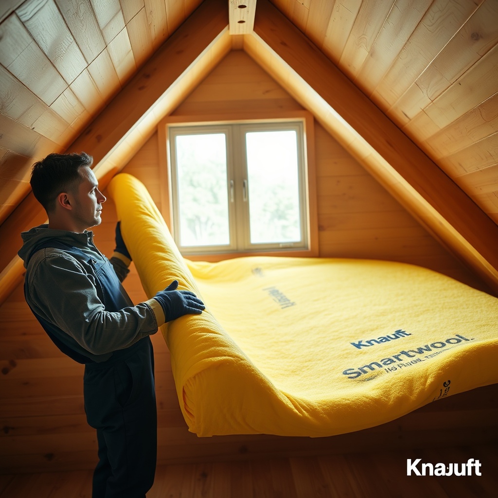 A worker in safety gloves and blue overalls unrolling a bright yellow Knauf Smartwool insu