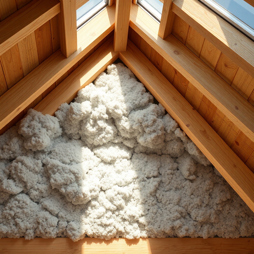 A clean photorealistic photo showing a cross-section of a pitched roof with wooden rafters