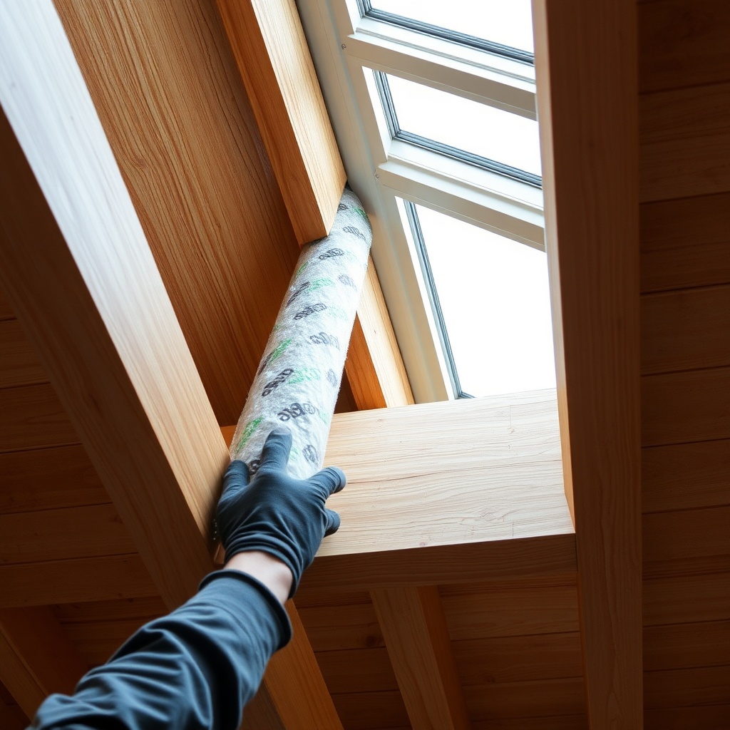 A photorealistic photo of a Steico Flex 036 insulating batten being inserted between two w