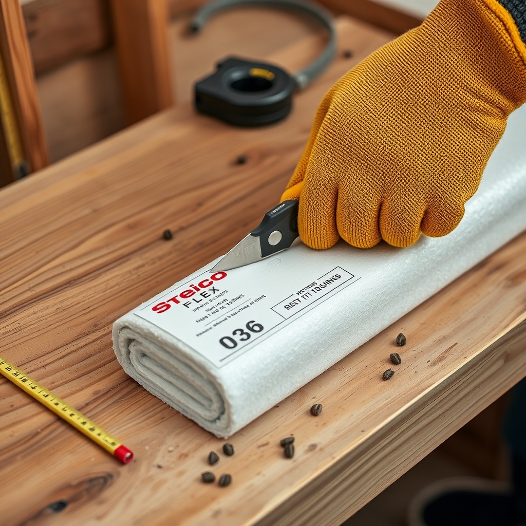 A photorealistic close-up photo of a gloved hand cutting a Steico Flex 036 insulation batt
