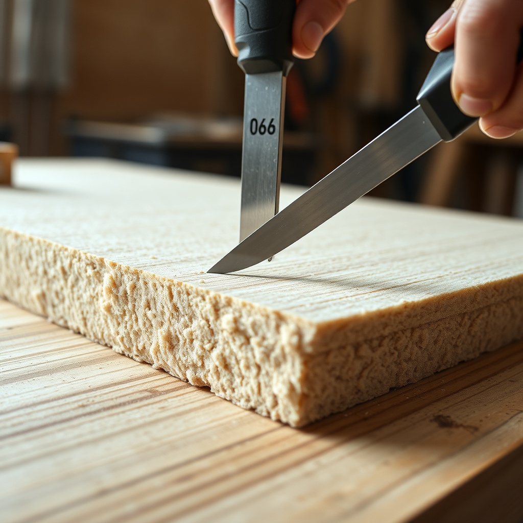 A photorealistic close-up of a Steico Flex 036 insulation mat being cut with a sharp utili