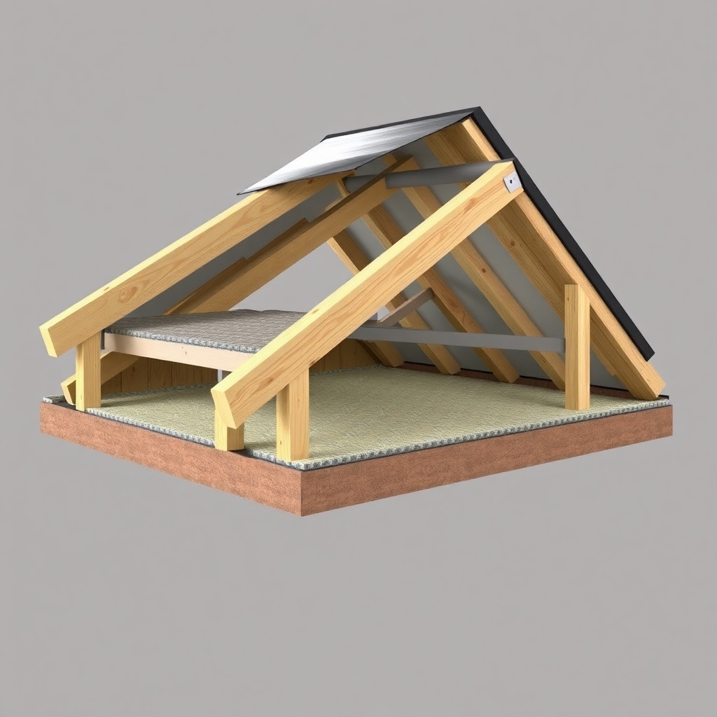 A photorealistic cross-section view of a pitched roof construction showing Steico Flex 036