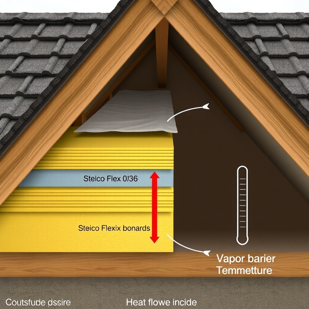 A photorealistic cross-section of a pitched roof showing layers: outdoor tiles