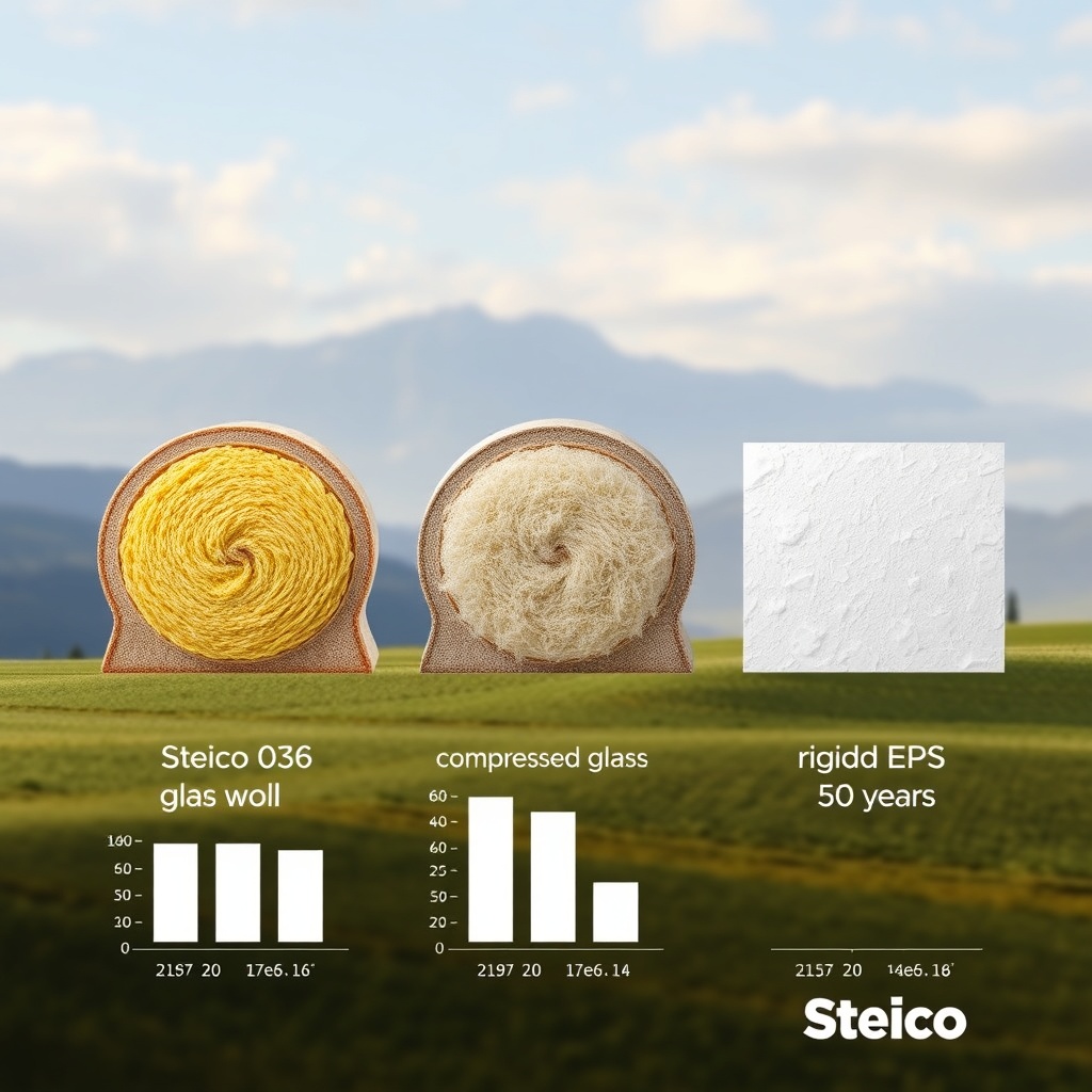 A realistic landscape composition comparing three insulation materials side by side in cut
