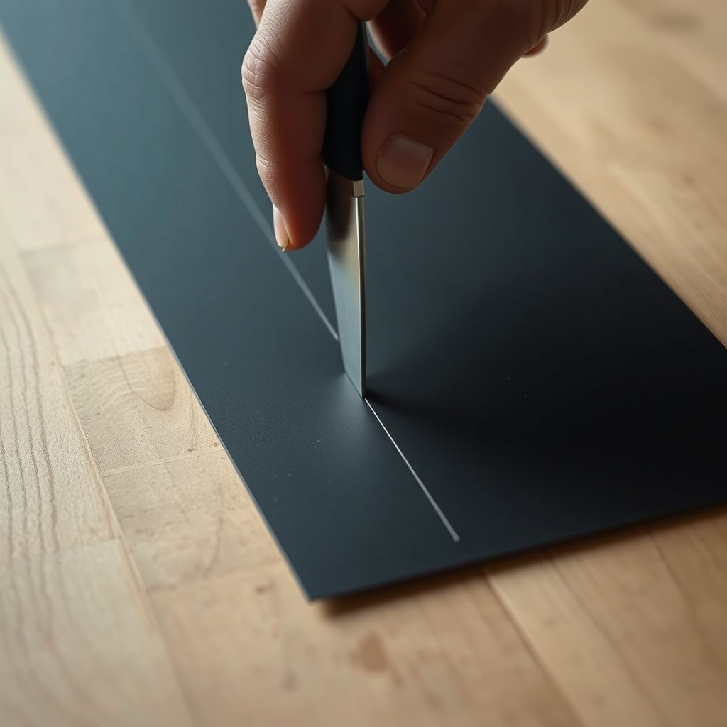A close-up photorealistic photo of a hand cutting a Steico Flex 036 matte with a sharp kni
