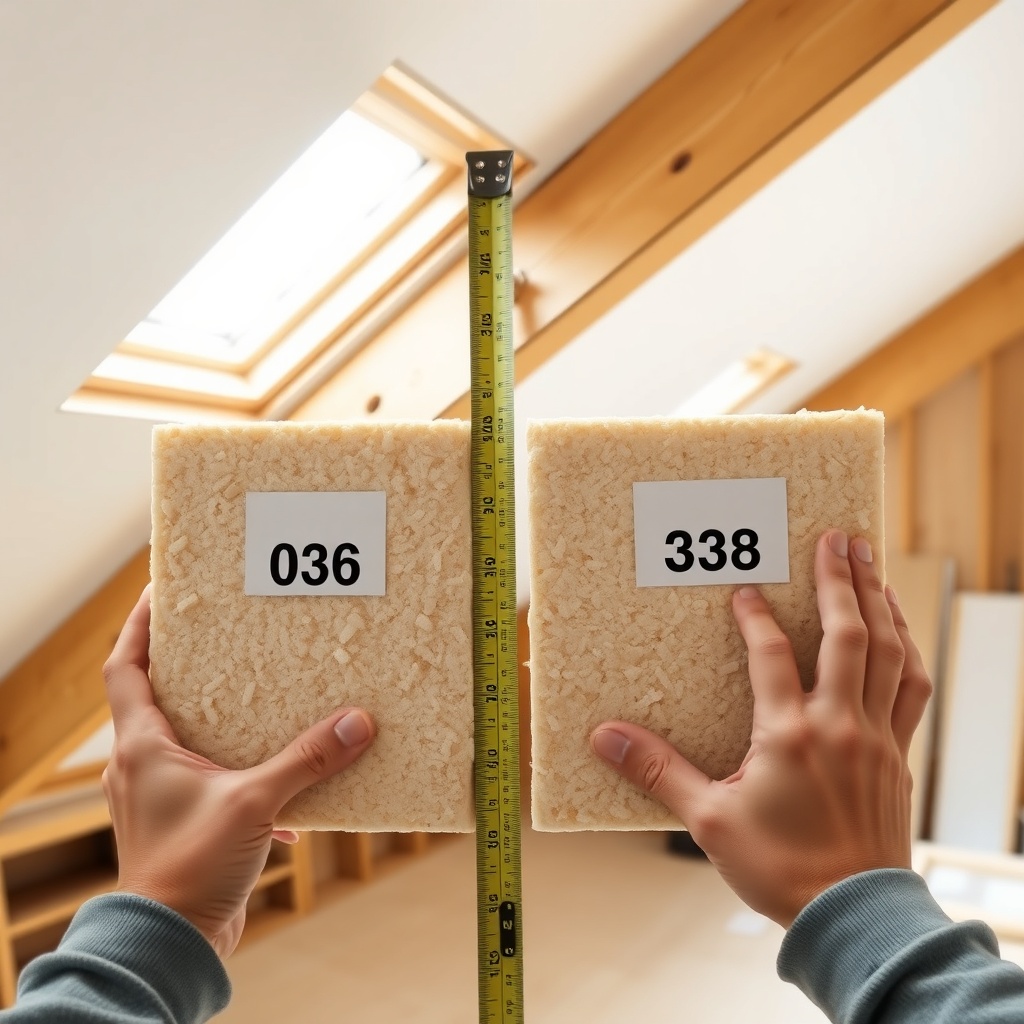 A photorealistic photo showing two hands comparing two beige wood fiber insulation boards