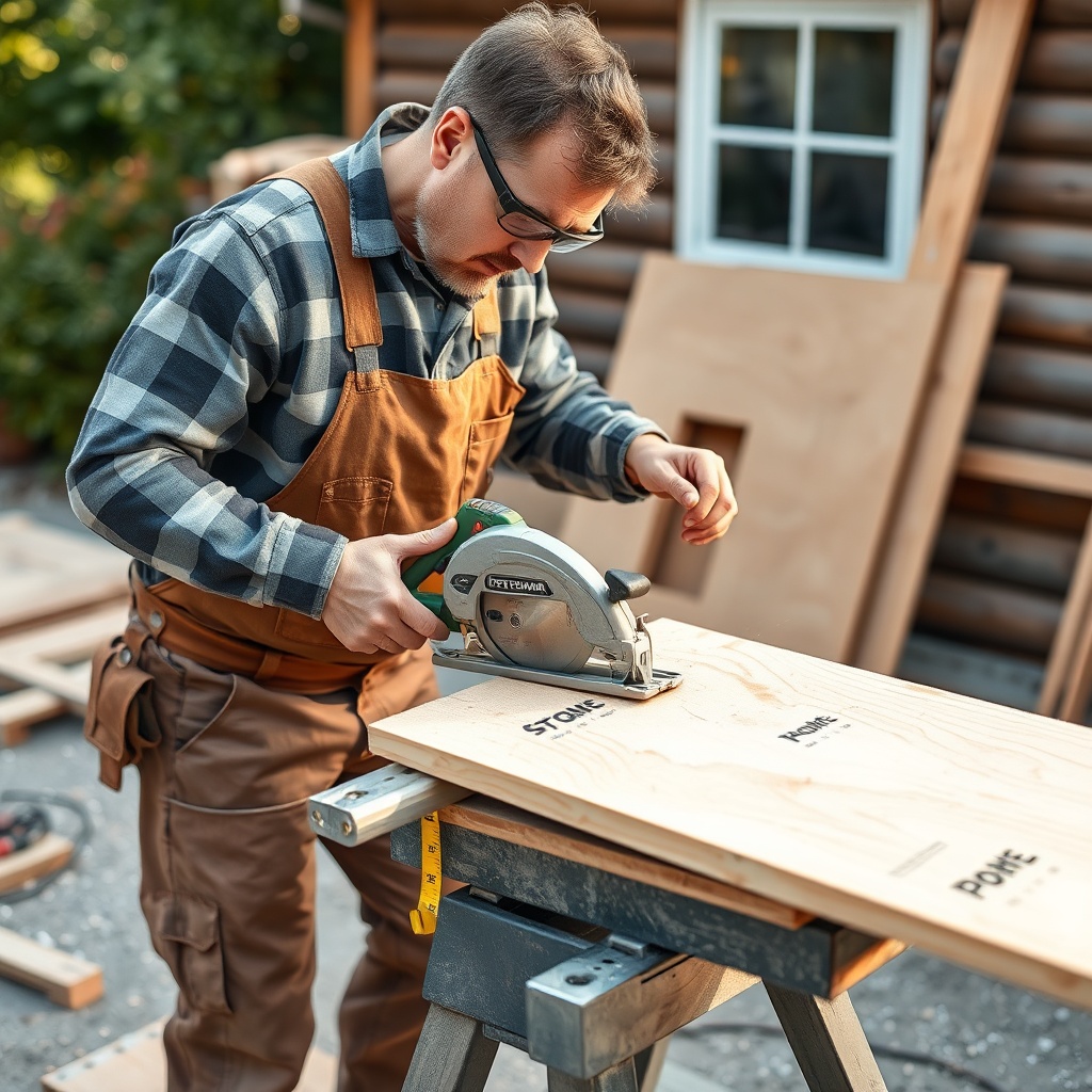 A realistic photo of a homeowner in work clothes cutting a wood fiber insulation board wit