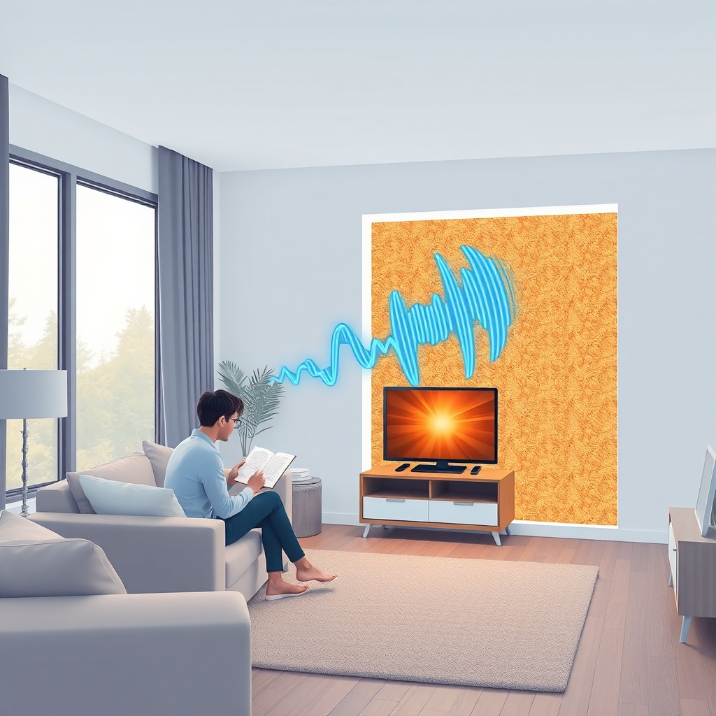 A photorealistic illustration of a living room with a large window