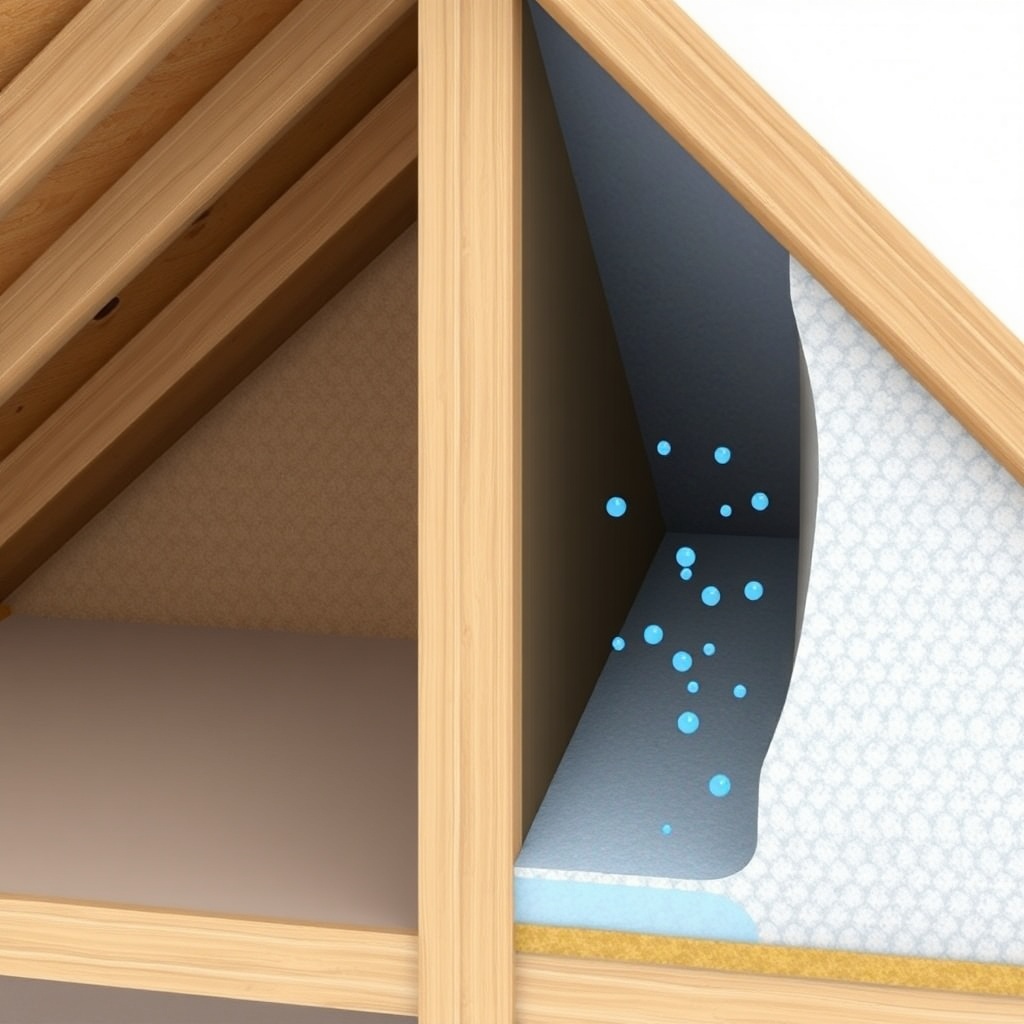 A photorealistic cross-section of a pitched roof showing Steico Flex 036 insulation betwee