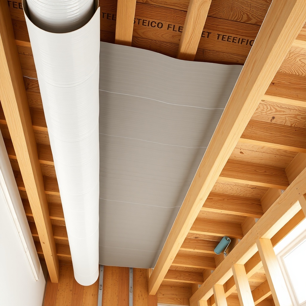 A photorealistic overhead view of a partly installed Steico Flex 036 matte between wooden