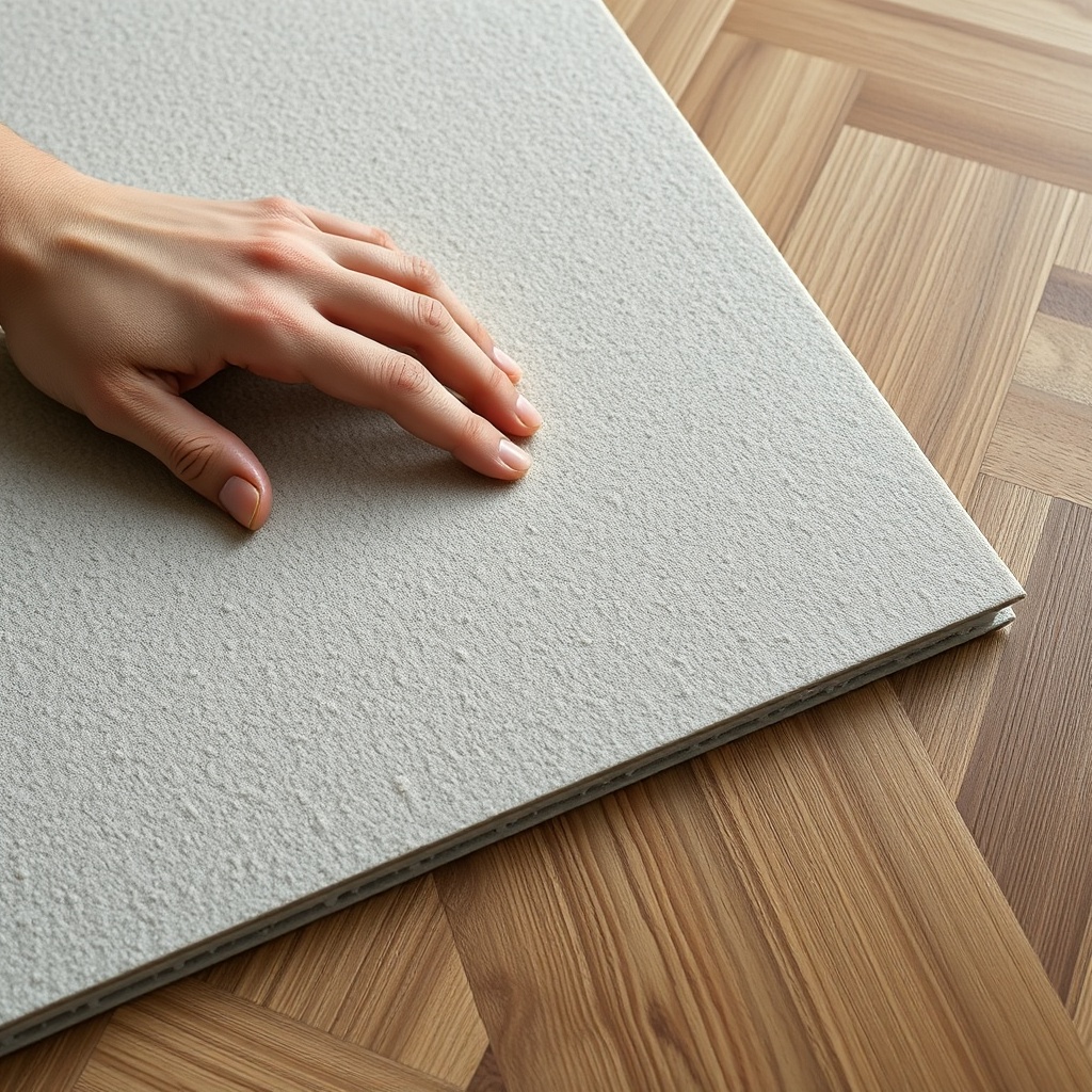 A photorealistic close-up of a hand pressing gently on a greyish-beige flexible wood fiber
