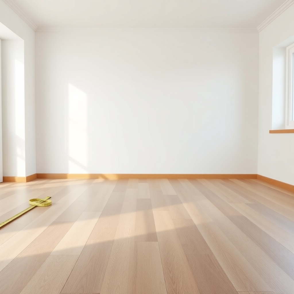 A photorealistic interior view of a newly laid parquet floor in a bright living room