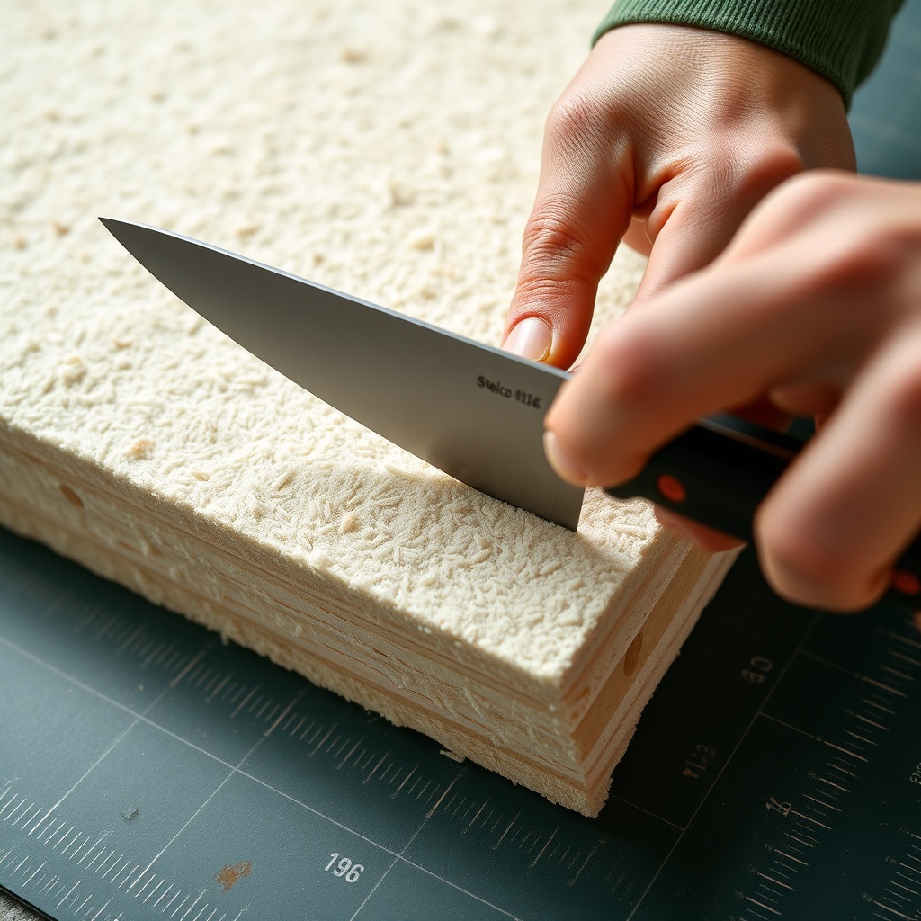 A photorealistic close-up photo of a hand cutting a Steico Flex 036 insulation batt with a