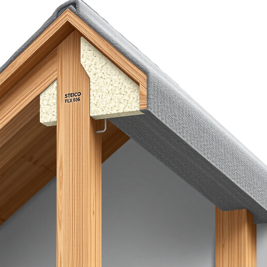 A photorealistic cross-section of a roof rafter with Steico Flex 036 on one side and miner