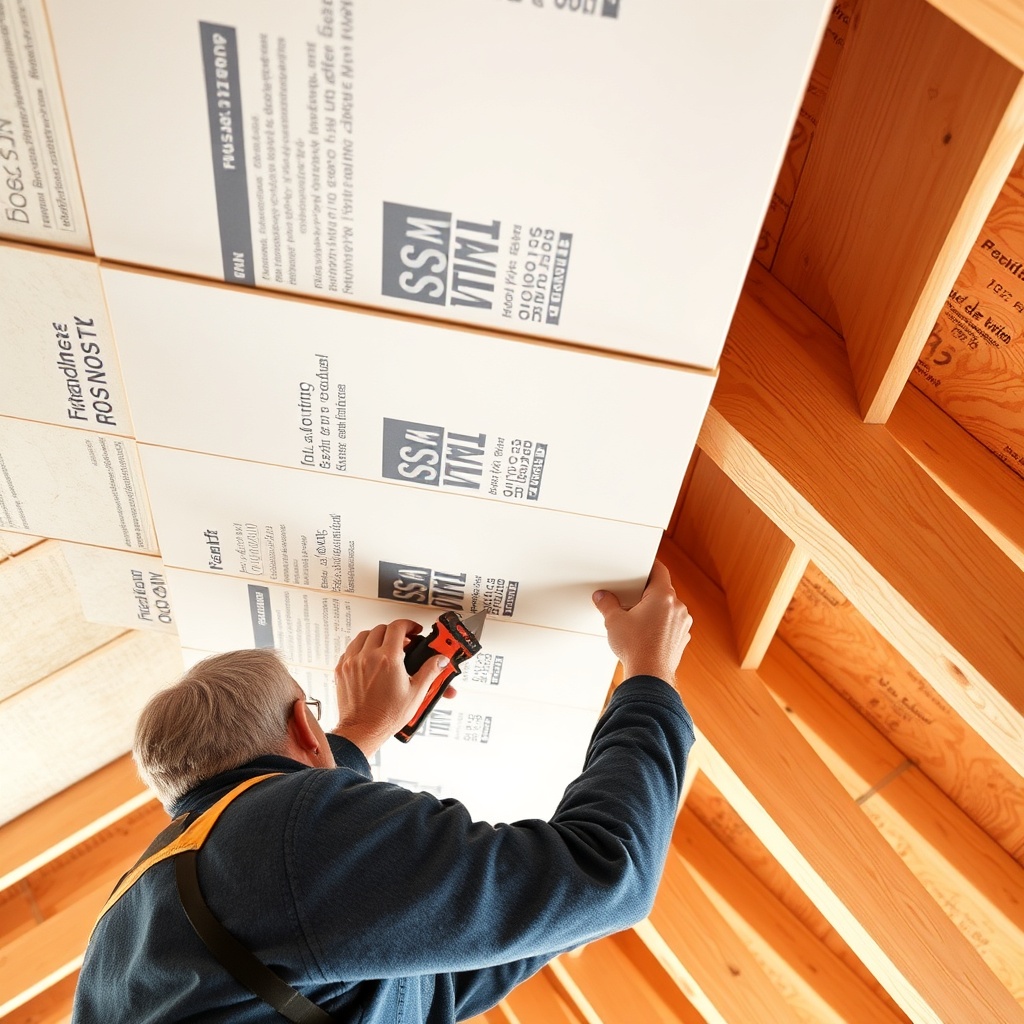 <photorealistic photo of a builder installing Urmatt DSM 20 insulation boards between roof