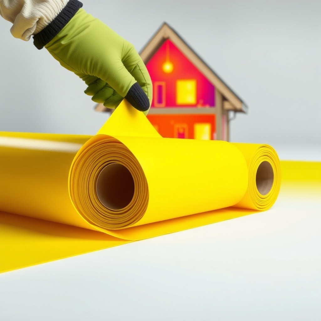 A clean photorealistic photo of a roll of bright yellow Urso Panzer-Glaswolle being unwoun