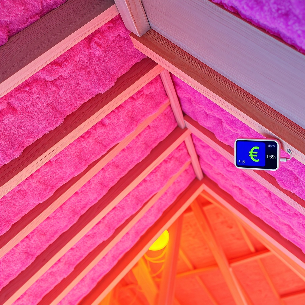 A photorealistic photo showing a cross-section of a roof with thick pink mineral wool insu