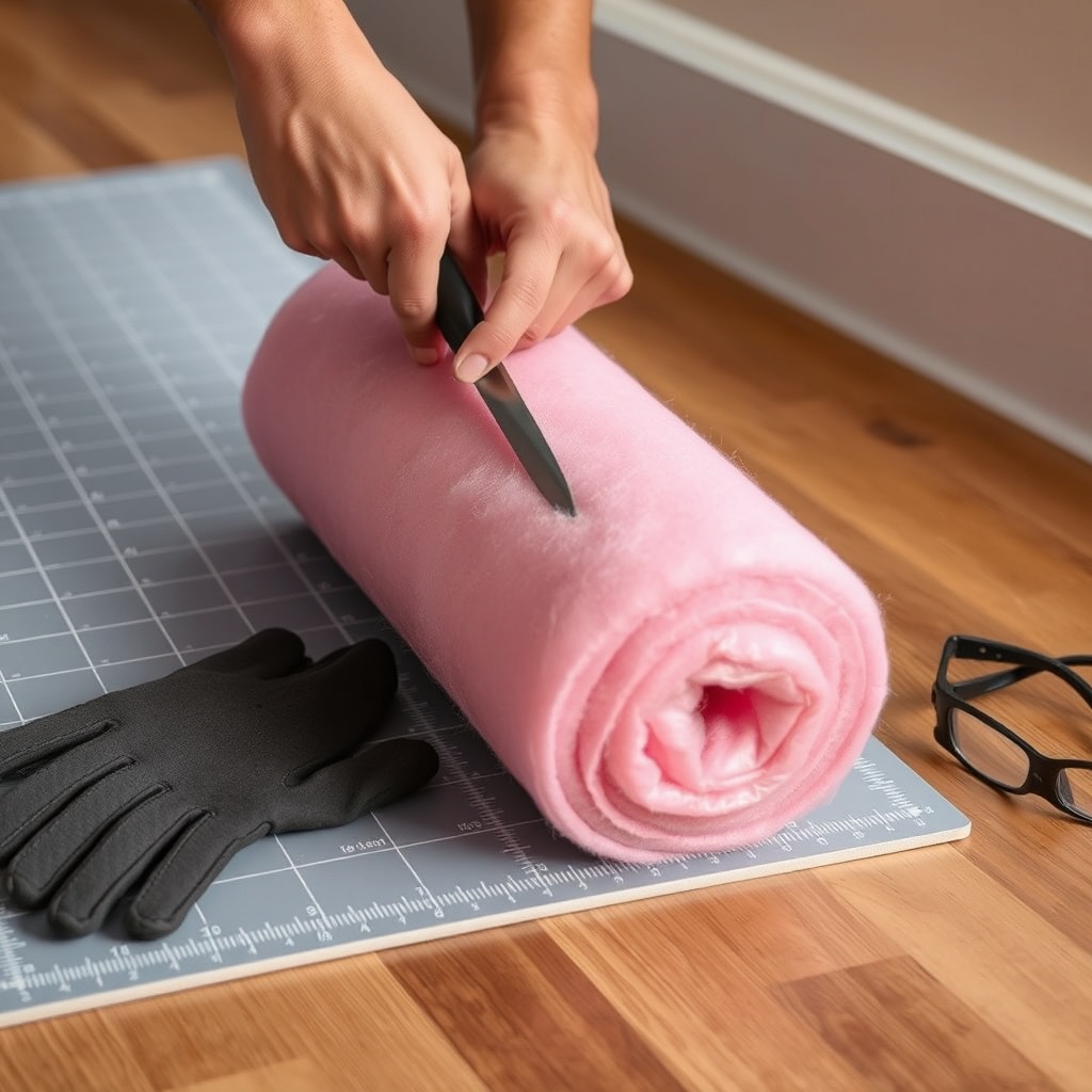A photorealistic photo of a hand cutting a roll of pink glass wool insulation with a utili