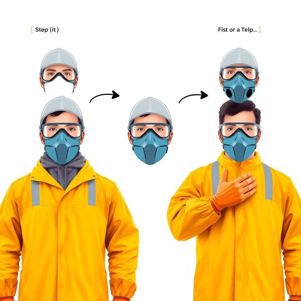 Step-by-step illustration showing a worker correctly putting on protective gear: first the