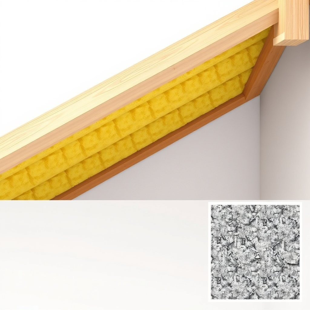 A cross-section of a pitched roof showing yellow glass wool insulation between wooden raft