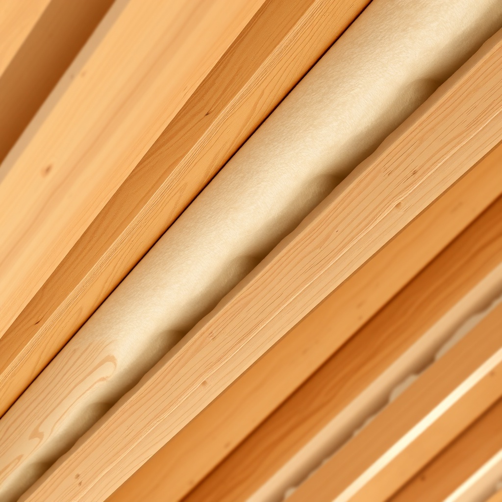 A clean photorealistic photo of a slanted wooden roof structure with white glass wool insu