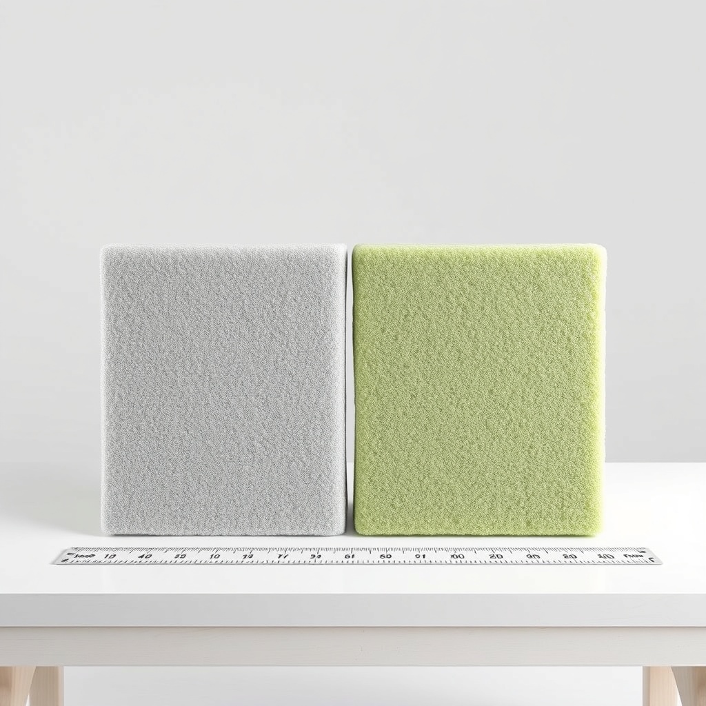 A photorealistic side-by-side comparison of a grey glass wool panel (Urso Panzer-Glaswolle
