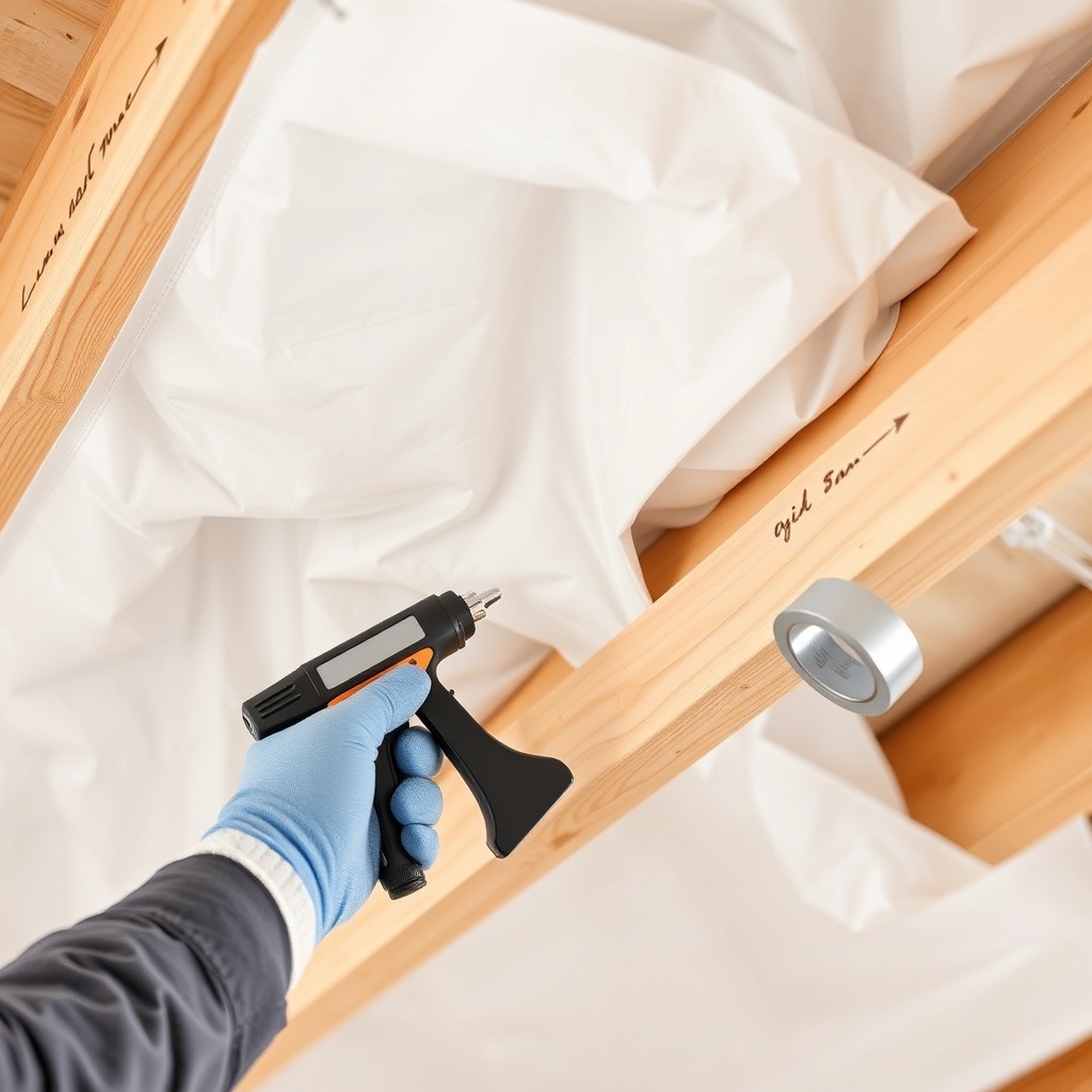 A detailed close-up photo showing a worker's gloved hands pressing a white vapor barrier a